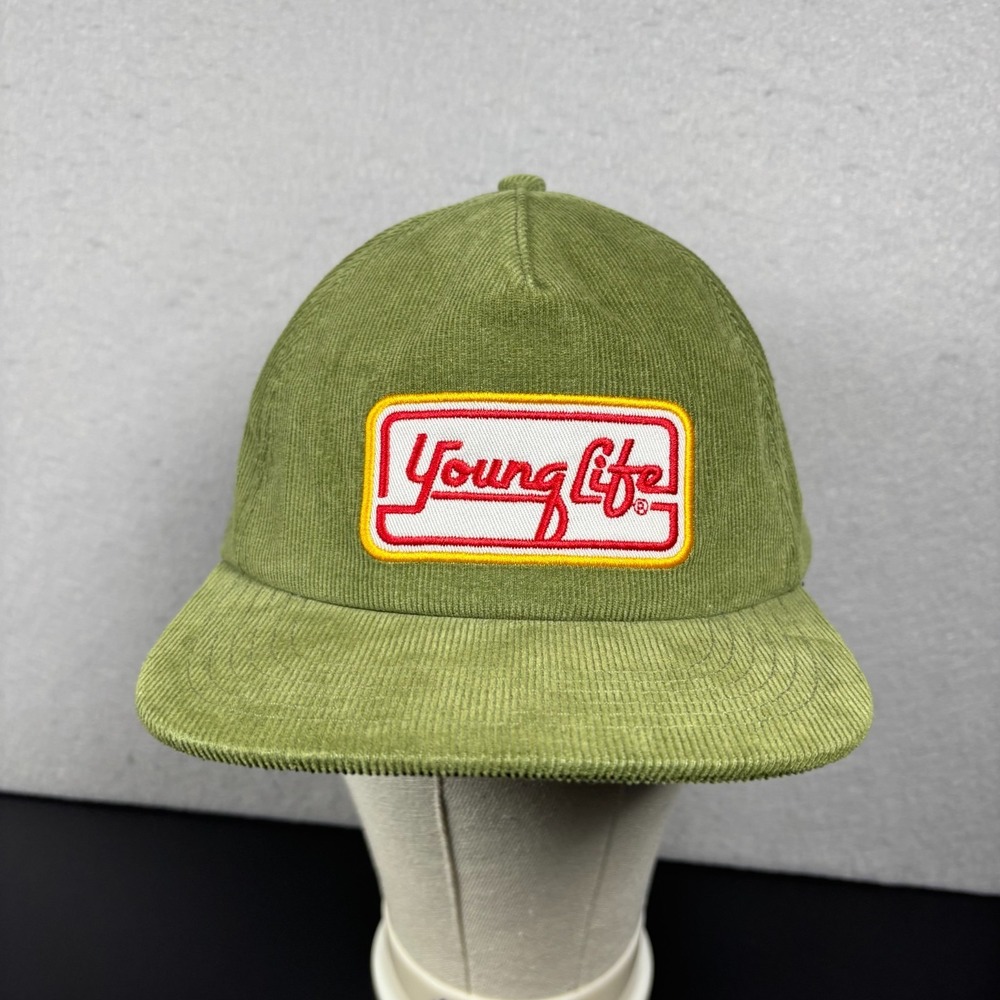 Young Life Corduroy‎ Hat Cap Snapback Olive Green Embroidered Patch Adult Size
